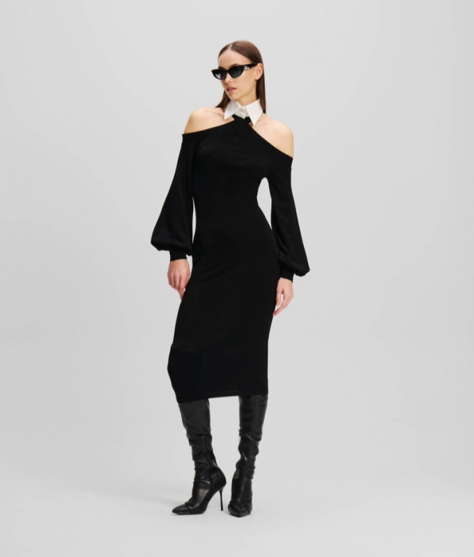 WOMEN'S COLD-SHOULDER MIDI DRESS - Black