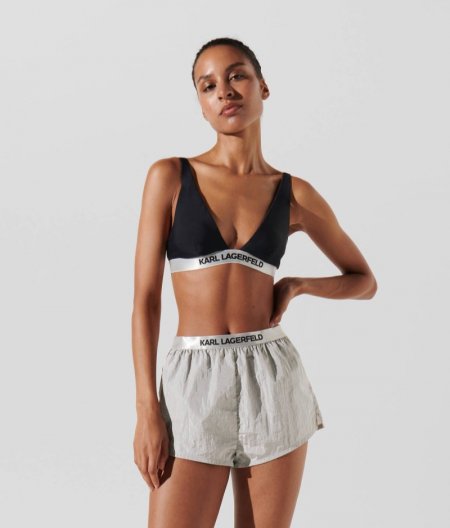 WOMEN'S KARL LOGO HIGH-WAIST BEACH SHORTS - Silver