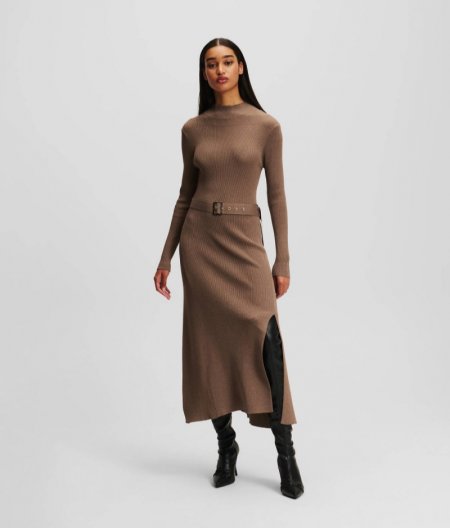 WOMEN'S LONG-SLEEVED BELTED KNIT DRESS - Beige