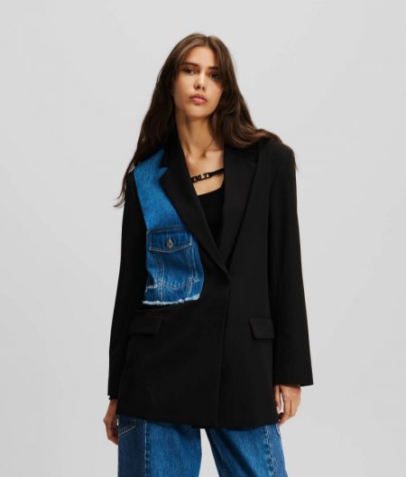 WOMEN'S KLJ FABRIC MIX BLAZER - Black/Washed Blue