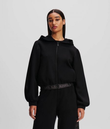 WOMEN'S GLITTER KARL LOGO TAPE ZIP-UP HOODIE - Black