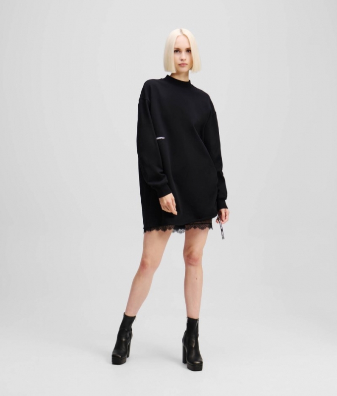 WOMEN'S LACE DETAIL SWEAT DRESS - Black