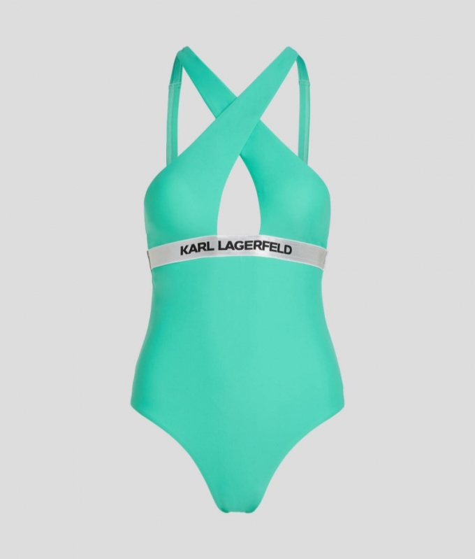 WOMEN'S KARL LOGO HALTER SWIMSUIT - Dazzling Blue