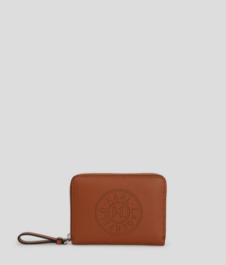 WOMEN'S K/CIRCLE PERFORATED SMALL ZIP WALLET - Brown