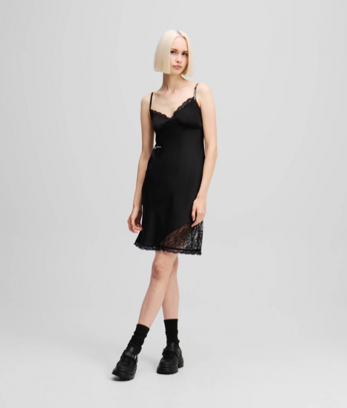 WOMEN'S SATIN AND LACE SLIP DRESS - Black