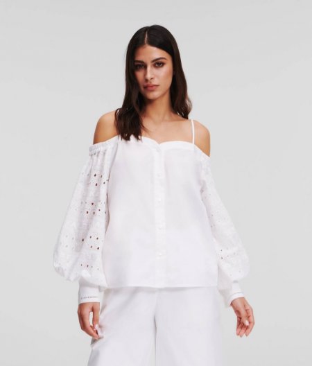 WOMEN'S BRODERIE ANGLAISE OFF-SHOULDER SHIRT - White