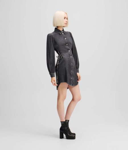 WOMEN'S TIED WAIST DENIM SHIRT DRESS - Washed Black