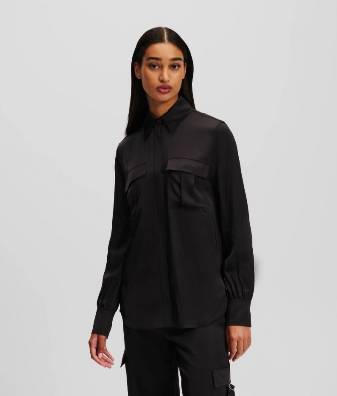 WOMEN'S SATIN CARGO SHIRT - Black