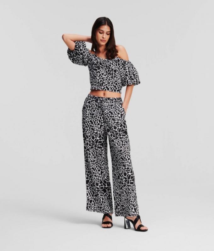 WOMEN'S GIRAFFE-PRINT LINEN PANTS - Giraffe Black/White