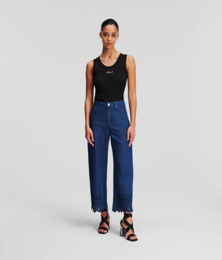 WOMEN'S BRODERIE ANGLAISE CULOTTES JEANS - Mid Blue