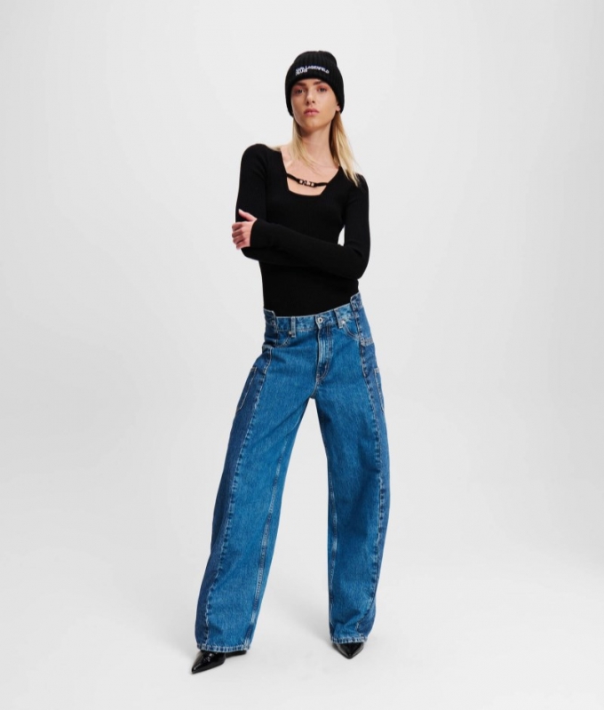 WOMEN'S KLJ DECONSTRUCTED MID-RISE BAGGY JEANS - Washed Blocked Blue