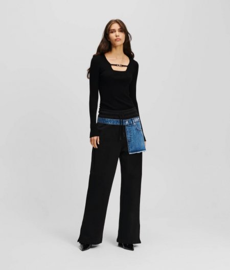 WOMEN'S KLJ FABRIC MIX SWEATPANTS - Black/Stone Washed Bright Blue