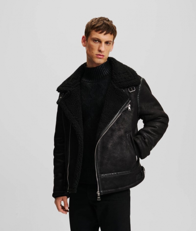 MEN'S FAUX-SUEDE SHEARLING BIKER JACKET - Black