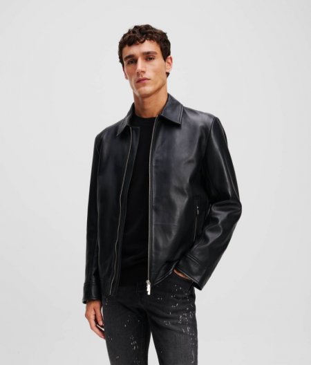 MEN'S ZIP-UP LEATHER JACKET - Black