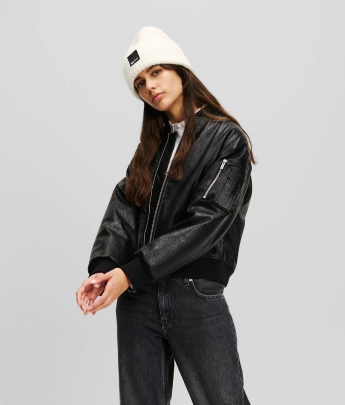 WOMEN'S KLJ FAUX-LEATHER BOMBER JACKET - BLACK