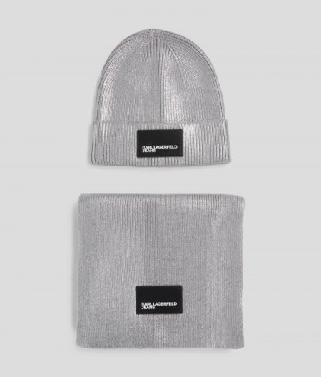 WOMEN'S METALLIC BEANIE AND SCARF GIFT SET - Steel