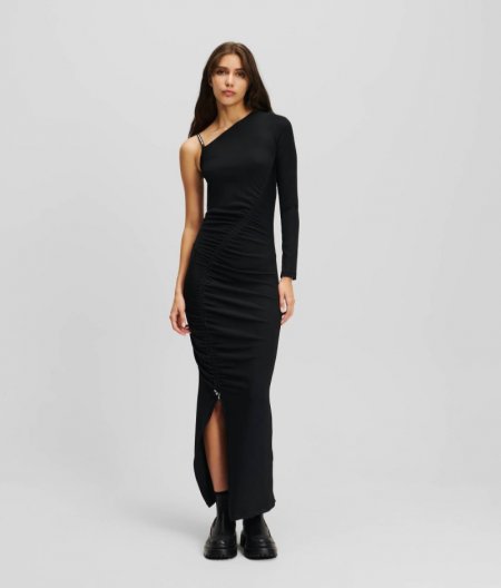 WOMEN'S KLJ ASYMMETRIC RUCHED MAXI DRESS - BLACK