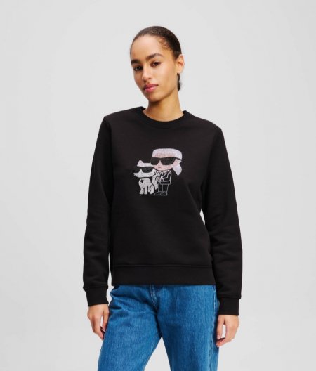 WOMEN'S RHINESTONE IKON KARL & CHOUPETTE SWEATSHIRT - Black