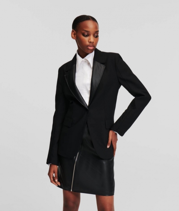 WOMEN'S FAUX-LEATHER LAPEL BLAZER - Black